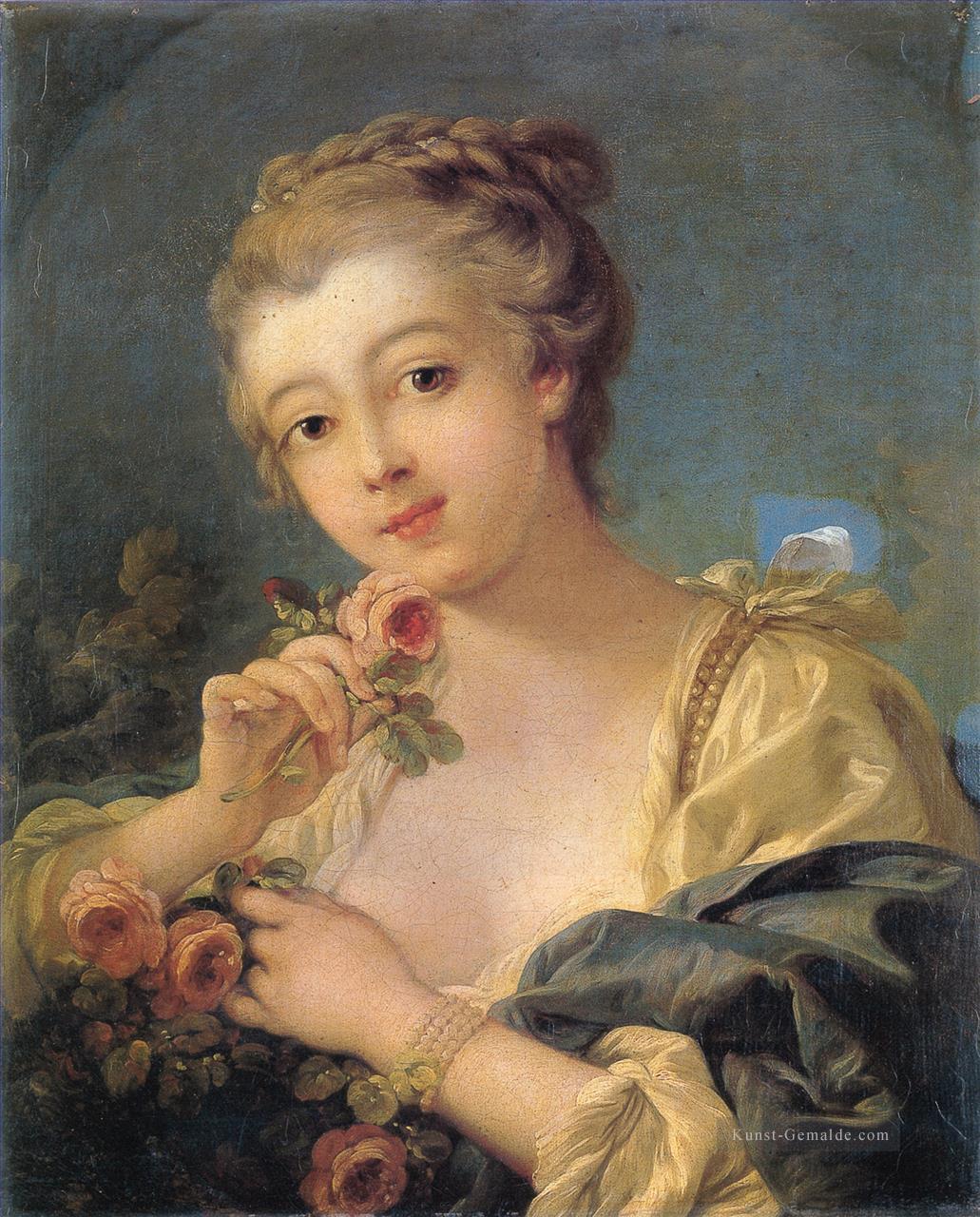 Junge Frau mit einem Blumenstrauß aus Rosen Francois Boucher Klassik Rokoko Ölgemälde
